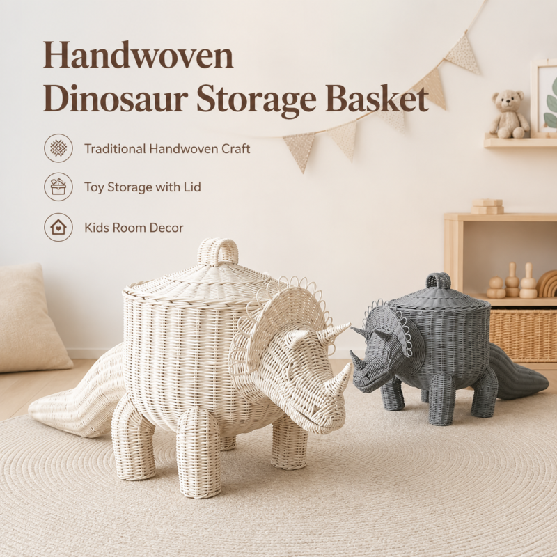 Wholesale Handwoven Natural Rattan Dinosaur Storage Basket with Lid Kids Toy Organizer for Nursery and Playroom