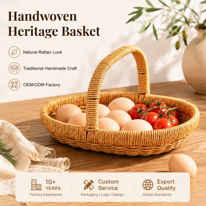 Boho Eco Friendly Handmade Oval Egg Plastic Flower Fruit Woven Wicker Gift Storage Baskets With Handle Restaurant Kitchen