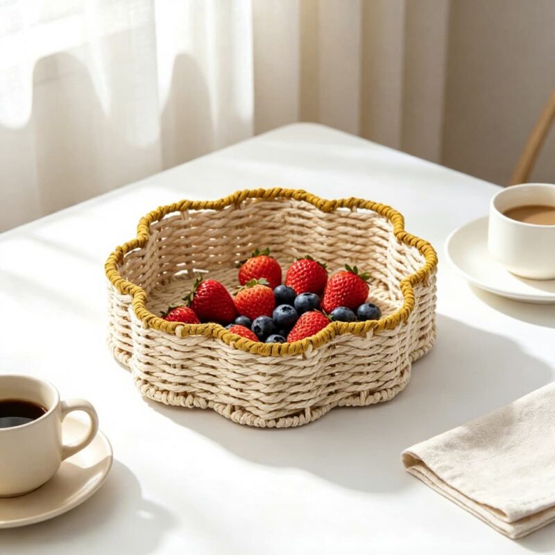 Modern Eco-Friendly Handmade Snacks Sugar Paper Rope Fruit Rattan Wicker Picnic Storage Baskets for Living Room Kitchen Desktop