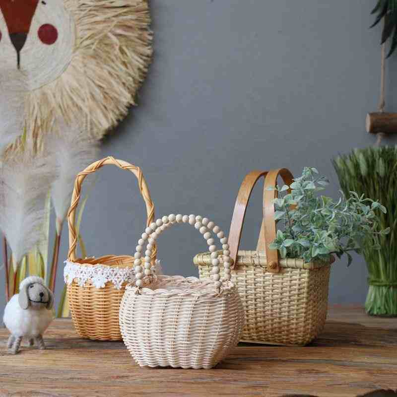 1 Fashion Handmade Eco-Friendly Natural Color Multifunctional Wicker Storage Baskets Handle Easter Flower Design Wedding Home