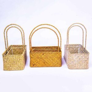 Handmade Rectangle Set of 2 Rattan Straw Basket Woven Seagrass Basket Valentine Gift Flower Basket With Handle