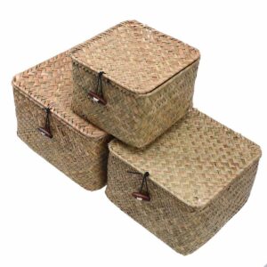 Seaweed Storage Basket Straw Woven Basket Sundries Seaweed Basket With Lid for Household