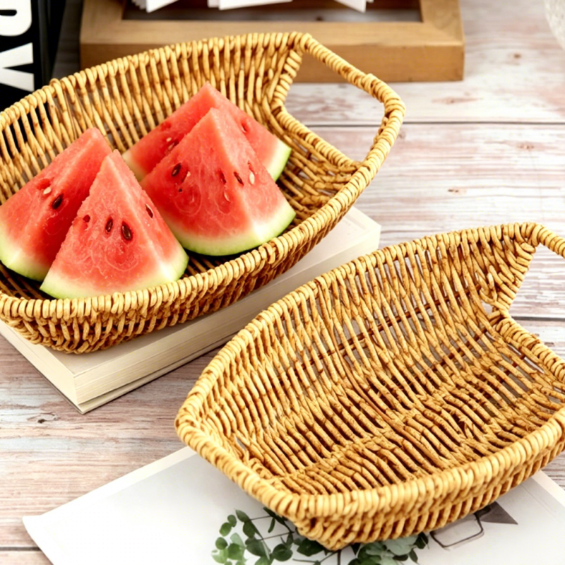 Boho Handmade Boat Shaped Straw Bread Other Plastic Fruit Woven Rattan Wicker Picnic Storage Baskets for Kitchen Dining Table