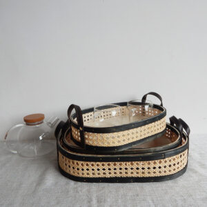 Minimalist Natural Handmade Oval Stackable Bread Fruit Wicker Picnic Storage Basket Tray With Leather Handle Desktop Living Room