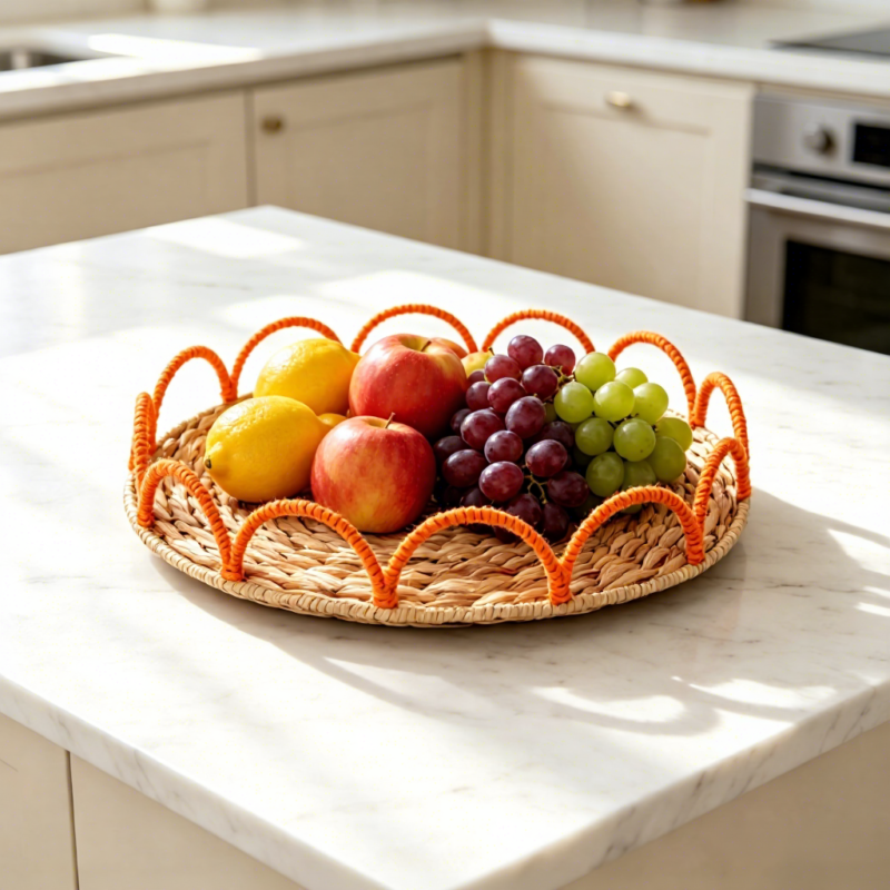 Eco-Friendly Circle Multifunctional Hand-woven Water Hyacinth Storage Tray for Kitchen Living Room Bread Fruit Storage
