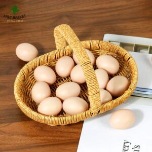 Boho Eco Friendly Handmade Oval Egg Plastic Flower Fruit Woven Wicker Gift Storage Baskets With Handle Restaurant Kitchen