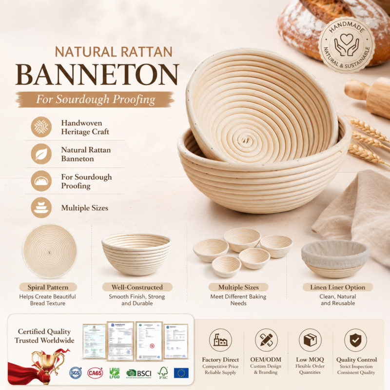 Natural Handmade Rotundity Sourdough Banneton Bread Proofing Rattan Wicker Storage Baskets Set With Lining Baking Utensils