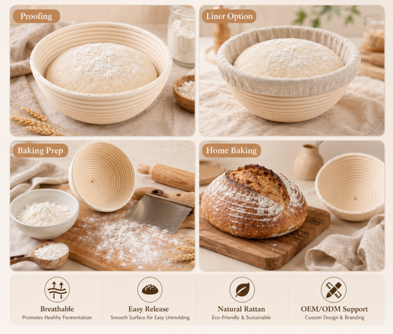 Natural Handmade Rotundity Sourdough Banneton Bread Proofing Rattan Wicker Storage Baskets Set With Lining Baking Utensils