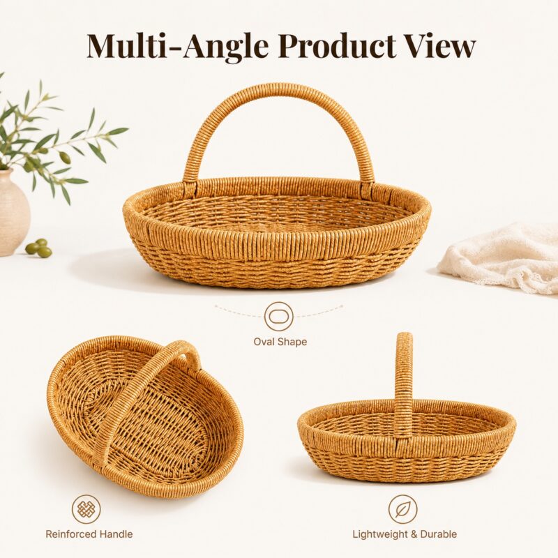 Boho Eco Friendly Handmade Oval Egg Plastic Flower Fruit Woven Wicker Gift Storage Baskets With Handle Restaurant Kitchen