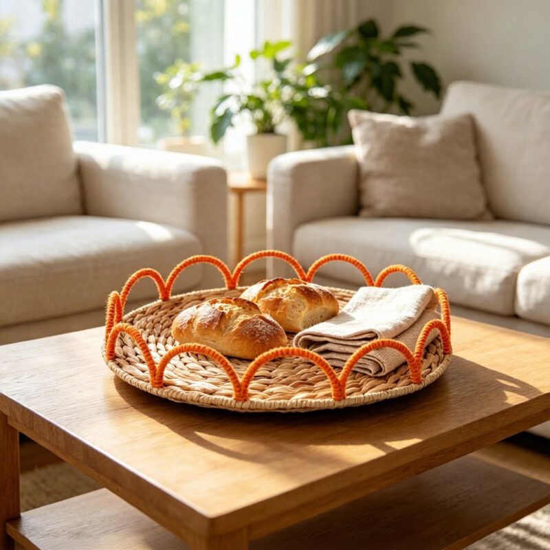 Eco-Friendly Circle Multifunctional Hand-woven Water Hyacinth Storage Tray for Kitchen Living Room Bread Fruit Storage