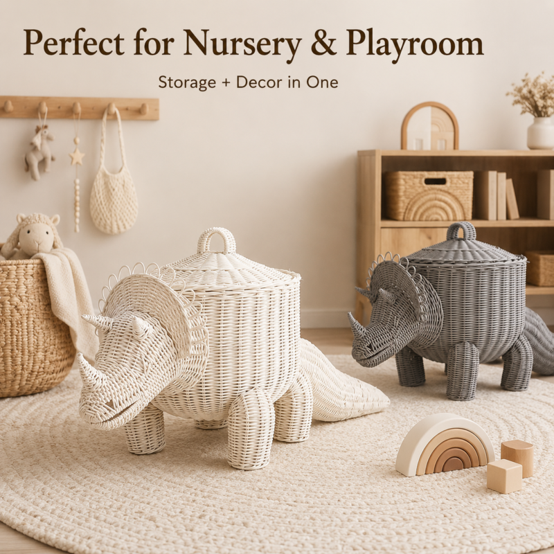 Wholesale Handwoven Natural Rattan Dinosaur Storage Basket with Lid Kids Toy Organizer for Nursery and Playroom