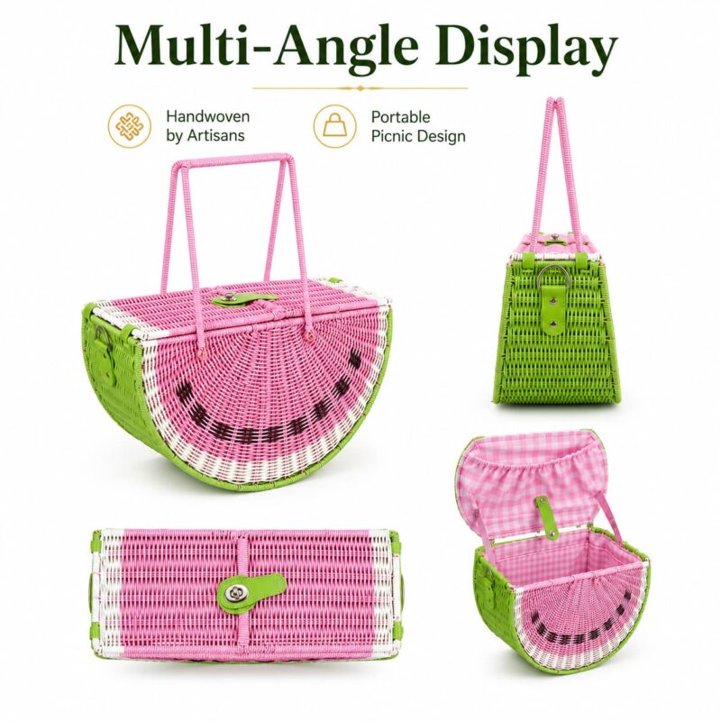 New Stylish Watermelon Shape Fruit Basket Handmade Woven Rattan Basket Natural Eco Friendly Kitchen Storage Basket