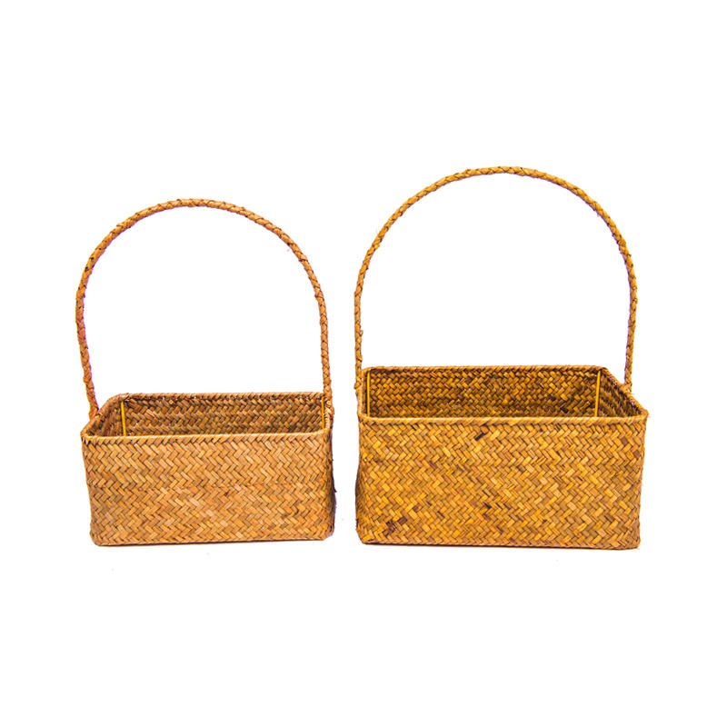 Handmade Rectangle Set of 2 Rattan Straw Basket Woven Seagrass Basket Valentine Gift Flower Basket With Handle