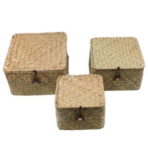 Seaweed Storage Basket Straw Woven Basket Sundries Seaweed Basket With Lid for Household