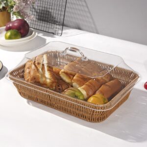 Natural Handmade Stacked Rectangle Bread Plastic Fruit Rattan Wicker Picnic Storage Baskets With Lid Kitchen Home Decoration
