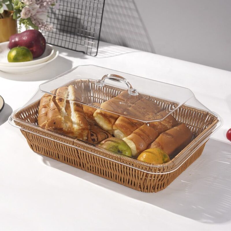 Natural Handmade Stacked Rectangle Bread Plastic Fruit Rattan Wicker Picnic Storage Baskets With Lid Kitchen Home Decoration