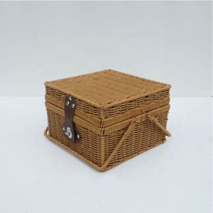 Retro Sustainable Handmade Rectangular Plastic Fruit Rattan Picnic Gift Storage Baskets With Lid Outdoors Camping Kitchen