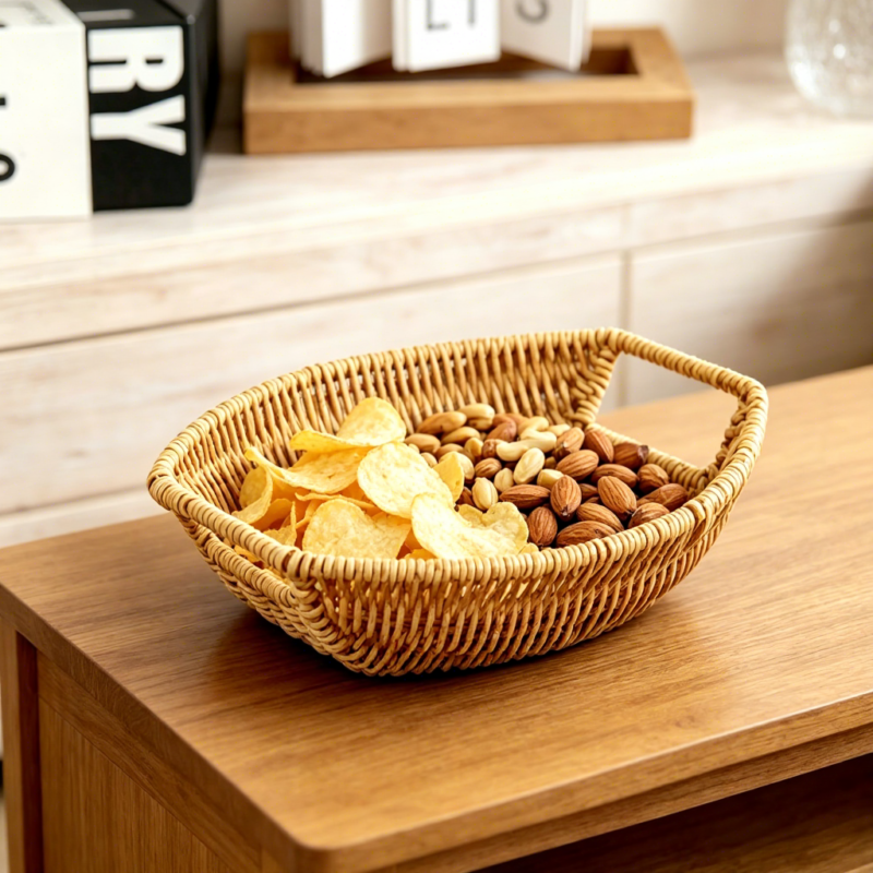 Boho Handmade Boat Shaped Straw Bread Other Plastic Fruit Woven Rattan Wicker Picnic Storage Baskets for Kitchen Dining Table