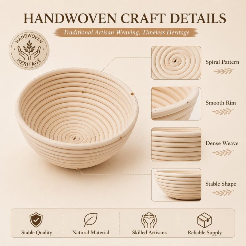 Natural Handmade Rotundity Sourdough Banneton Bread Proofing Rattan Wicker Storage Baskets Set With Lining Baking Utensils