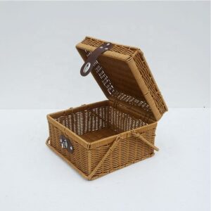 Retro Sustainable Handmade Rectangular Plastic Fruit Rattan Picnic Gift Storage Baskets With Lid Outdoors Camping Kitchen