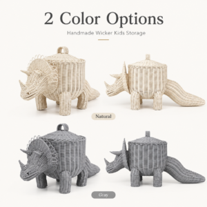 Wholesale Handwoven Natural Rattan Dinosaur Storage Basket with Lid Kids Toy Organizer for Nursery and Playroom