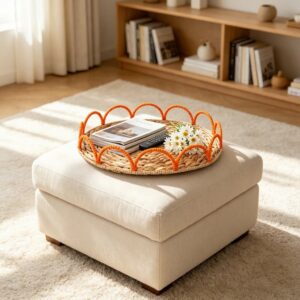Eco-Friendly Circle Multifunctional Hand-woven Water Hyacinth Storage Tray for Kitchen Living Room Bread Fruit Storage
