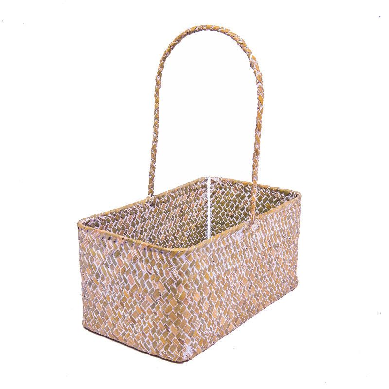 Handmade Rectangle Set of 2 Rattan Straw Basket Woven Seagrass Basket Valentine Gift Flower Basket With Handle