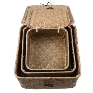 Seaweed Storage Basket Straw Woven Basket Sundries Seaweed Basket With Lid for Household