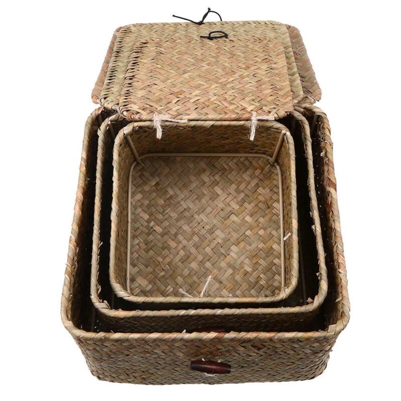 Seaweed Storage Basket Straw Woven Basket Sundries Seaweed Basket With Lid for Household