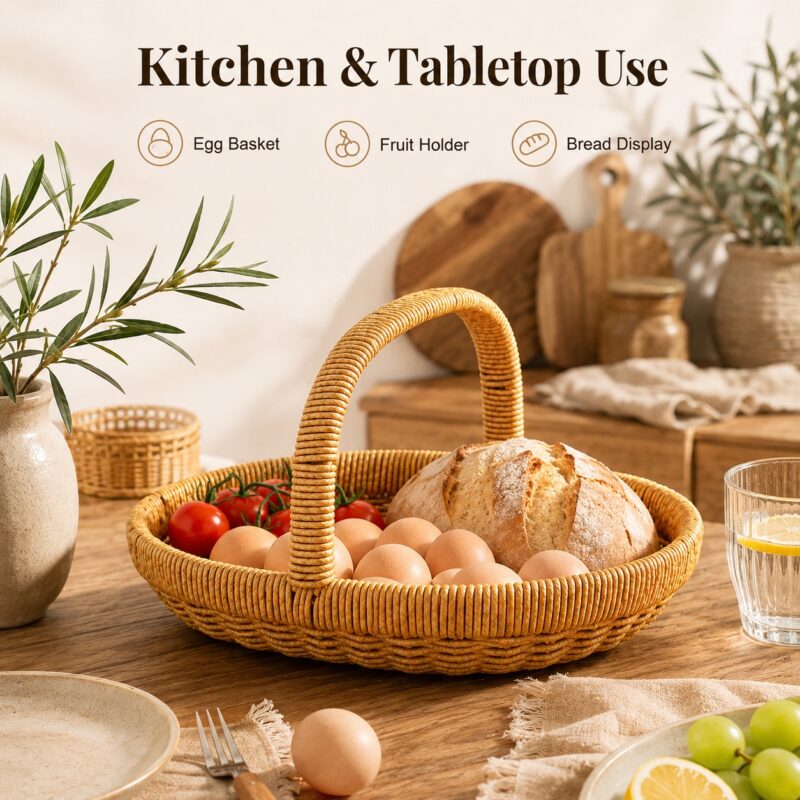 Boho Eco Friendly Handmade Oval Egg Plastic Flower Fruit Woven Wicker Gift Storage Baskets With Handle Restaurant Kitchen