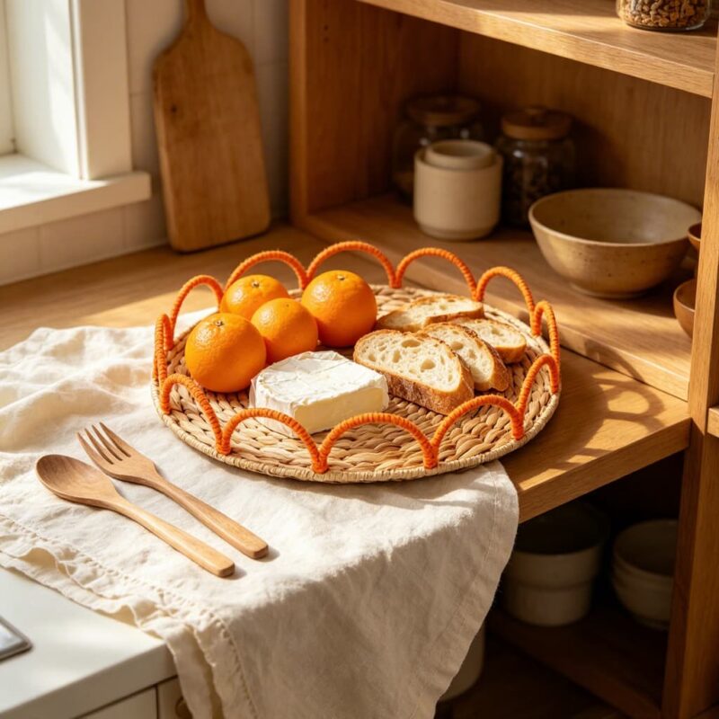 Eco-Friendly Circle Multifunctional Hand-woven Water Hyacinth Storage Tray for Kitchen Living Room Bread Fruit Storage