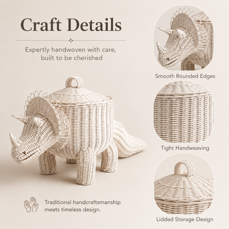 Wholesale Handwoven Natural Rattan Dinosaur Storage Basket with Lid Kids Toy Organizer for Nursery and Playroom