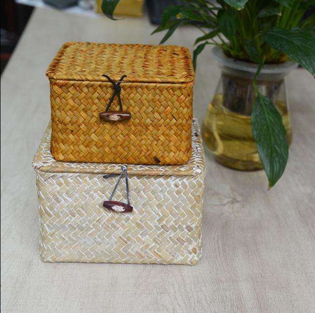 Seaweed Storage Basket Straw Woven Basket Sundries Seaweed Basket With Lid for Household