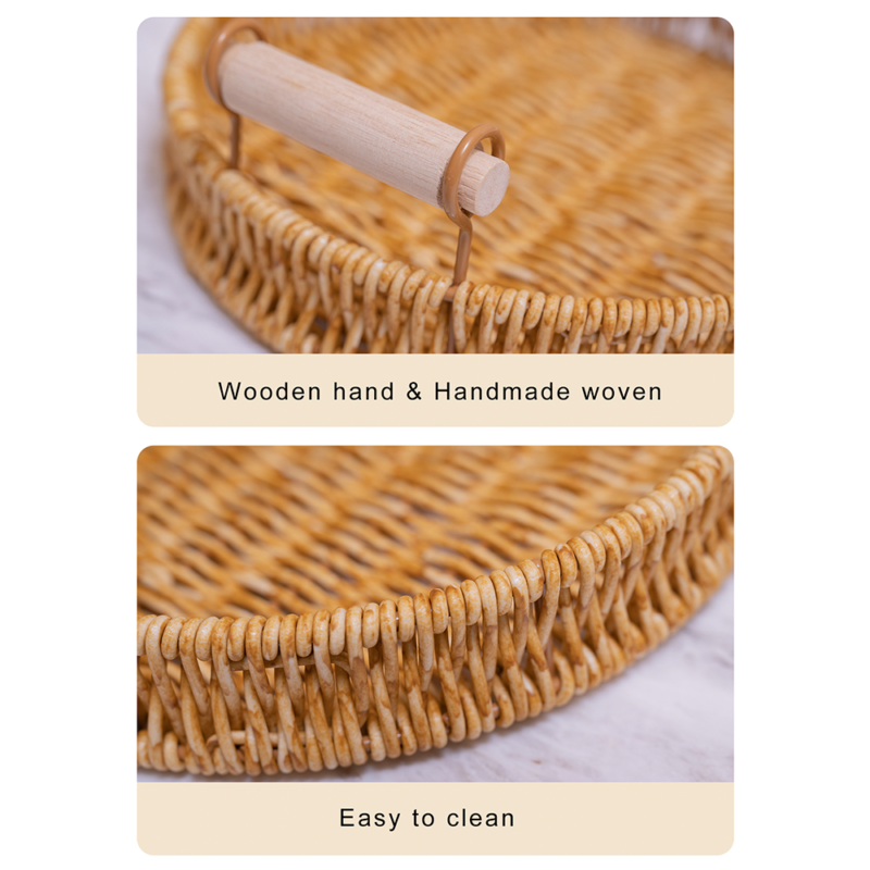 Boho Eco-Friendly Handwoven Round Food Bread Plastic Fruit Woven Rattan Picnic Storage Baskets Tray With Handle Desktop Kitchen