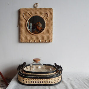 Minimalist Natural Handmade Oval Stackable Bread Fruit Wicker Picnic Storage Basket Tray With Leather Handle Desktop Living Room