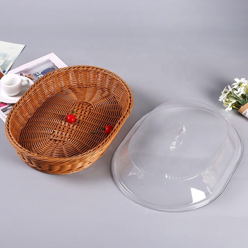 Natural Handmade Stacked Rectangle Bread Plastic Fruit Rattan Wicker Picnic Storage Baskets With Lid Kitchen Home Decoration
