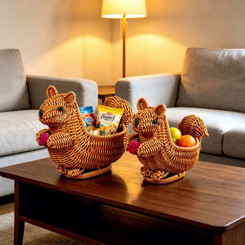 Creative Durable Rattan Basket for Food Storage Multifunctional Kitchen Living Room Handmade Woven Decorative Cartoon Animal
