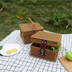 Retro Sustainable Handmade Rectangular Plastic Fruit Rattan Picnic Gift Storage Baskets With Lid Outdoors Camping Kitchen