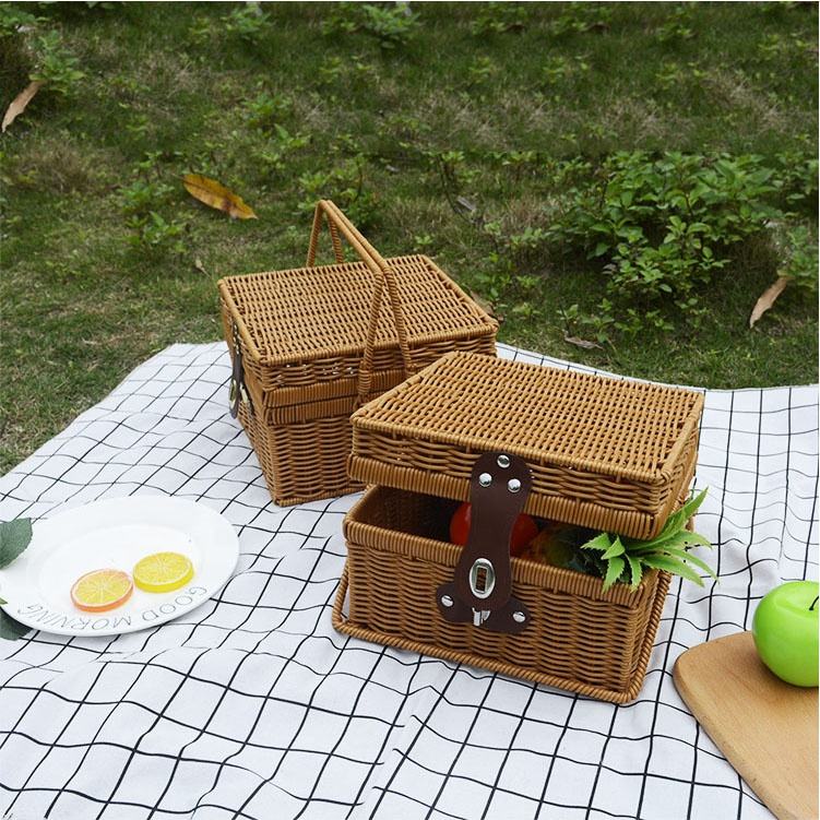 Retro Sustainable Handmade Rectangular Plastic Fruit Rattan Picnic Gift Storage Baskets With Lid Outdoors Camping Kitchen