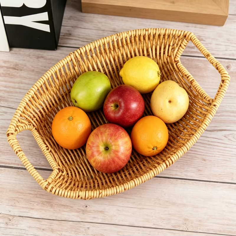 Boho Handmade Boat Shaped Straw Bread Other Plastic Fruit Woven Rattan Wicker Picnic Storage Baskets for Kitchen Dining Table