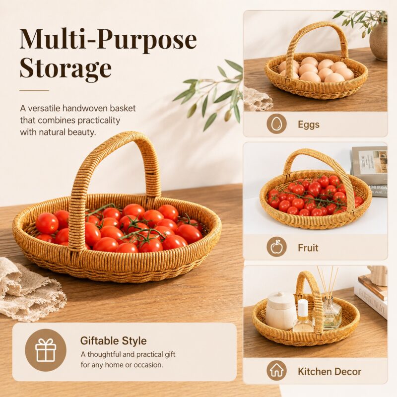 Boho Eco Friendly Handmade Oval Egg Plastic Flower Fruit Woven Wicker Gift Storage Baskets With Handle Restaurant Kitchen