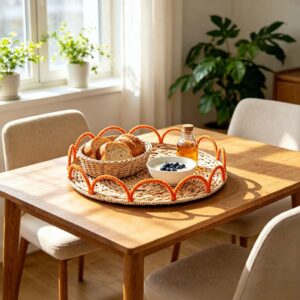 Eco-Friendly Circle Multifunctional Hand-woven Water Hyacinth Storage Tray for Kitchen Living Room Bread Fruit Storage
