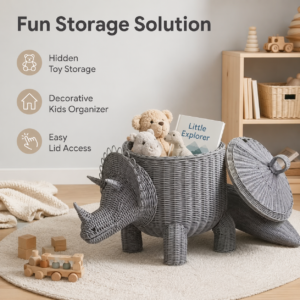 Wholesale Handwoven Natural Rattan Dinosaur Storage Basket with Lid Kids Toy Organizer for Nursery and Playroom