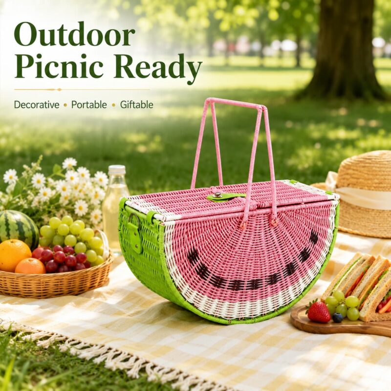 New Stylish Watermelon Shape Fruit Basket Handmade Woven Rattan Basket Natural Eco Friendly Kitchen Storage Basket