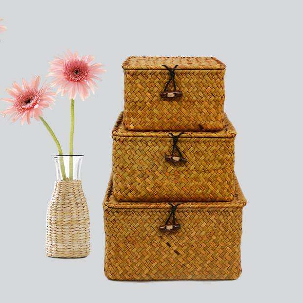 Seaweed Storage Basket Straw Woven Basket Sundries Seaweed Basket With Lid for Household