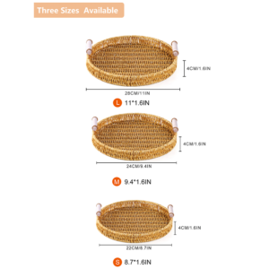 Boho Eco-Friendly Handwoven Round Food Bread Plastic Fruit Woven Rattan Picnic Storage Baskets Tray With Handle Desktop Kitchen