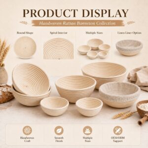 Natural Handmade Rotundity Sourdough Banneton Bread Proofing Rattan Wicker Storage Baskets Set With Lining Baking Utensils