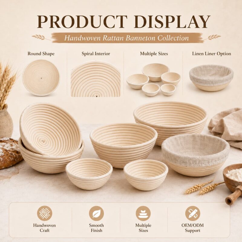 Natural Handmade Rotundity Sourdough Banneton Bread Proofing Rattan Wicker Storage Baskets Set With Lining Baking Utensils