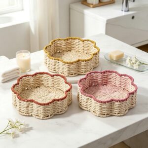 Modern Eco-Friendly Handmade Snacks Sugar Paper Rope Fruit Rattan Wicker Picnic Storage Baskets for Living Room Kitchen Desktop