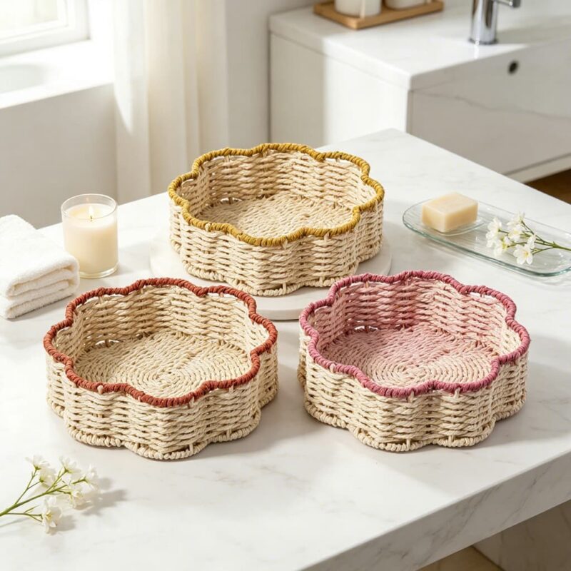 Modern Eco-Friendly Handmade Snacks Sugar Paper Rope Fruit Rattan Wicker Picnic Storage Baskets for Living Room Kitchen Desktop